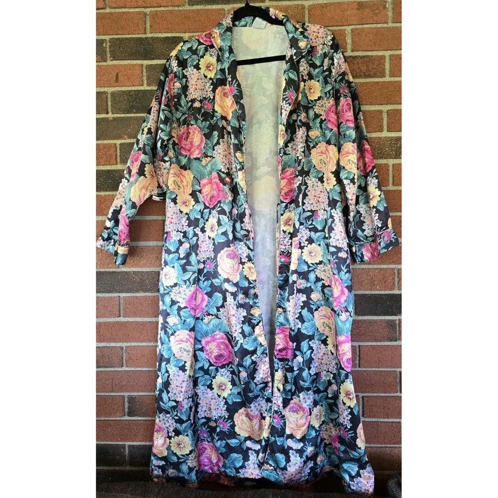 Vintage Kathryn Black Floral Short Robe Medium Lightweight No Tie